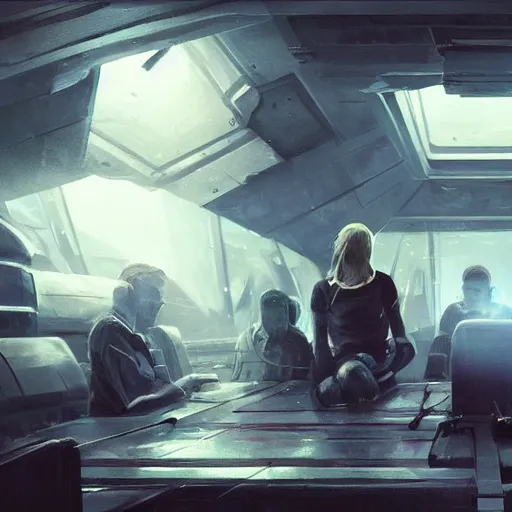 Image similar to concept art by greg rutkowski, a very tall, and slender woman with blond hair, sitting with the crew in the ship's flight deck, brutalist futuristic interior, dark lighting atmosphere, detailed portraits, nostalgic atmosphere, scifi, digital painting, artstation, concept art, smooth, sharp foccus ilustration, artstation hq