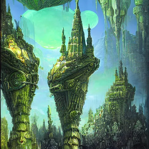Prompt: soaring towers under outer world jungles, art by Dmitry Dubinsky