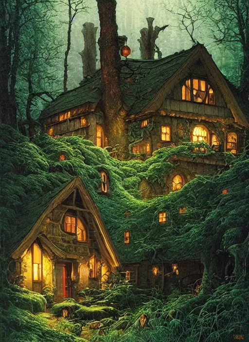 Image similar to hyper realistic homely witch cottage rococo in the woods gorgeous lighting, highly detailed, lush forest painting by norman rockwell, james gurney zdzisław beksinski and norman rockwell and greg rutkowskiweta studio