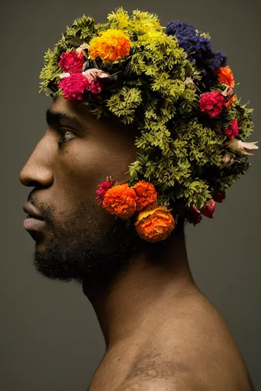 Prompt: a black young man's face in profile, no beard, made of flowers and fruit, in the style of the Dutch masters and Alec Soth, dark and moody