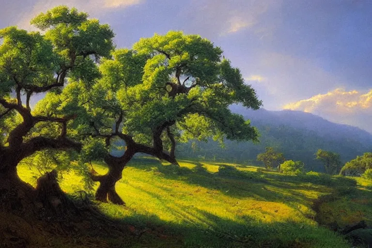 Prompt: masterpiece painting of oak trees on a hillside overlooking a creek, dramatic lighting, by james gurney