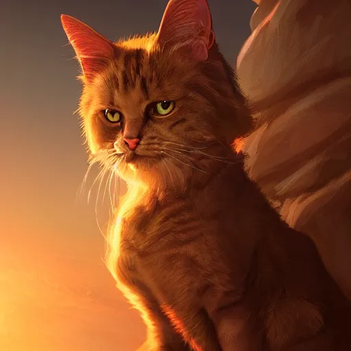 Image similar to magic cat, golden hour, fantasy, sharp focus, digital art, hyper realistic, 4 k, unreal engine, highly detailed, hd, dramatic lighting by brom, trending on artstation