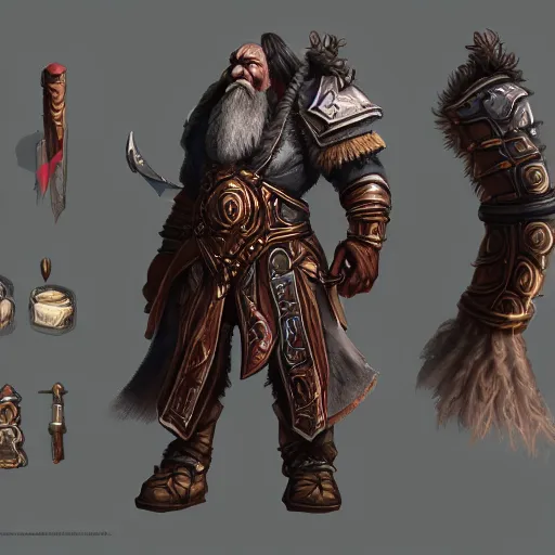 Image similar to muradin, character sheet, concept design, contrast, dwarf, greg rutkowski, zabrocki, karlkka, jayison devadas, trending on artstation, 8 k, ultra wide angle, pincushion lens effect