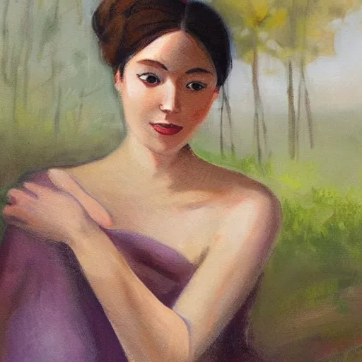 Image similar to This painting captures the beauty and mystery of the woman sitting before us. Her enigmatic smile and gaze seem to invite us into her world, and we cannot help but be drawn in. The softness of her features and the delicate way she is dressed make her seem almost ethereal. The background landscape adds to the feeling of distance and mystery, making us wonder what secrets this woman holds. Lawrence of Arabia, CryEngine, bronze by Eddie Campbell, by Hayao Miyazaki, by David B. Mattingly
