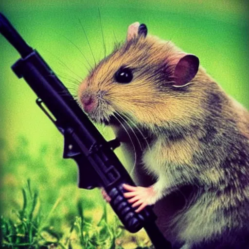 Image similar to “ hamster in the vietnam war, firing his m 1 6, action shot, highly detailed, film photograph ”