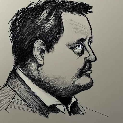 Image similar to a realistic yet scraggly portrait sketch of the side profile of a stern and sophisticated paul blart, trending on artstation, intricate details, in the style of frank auerbach, in the style of sergio aragones, in the style of martin ansin, in the style of david aja, in the style of mattias adolfsson