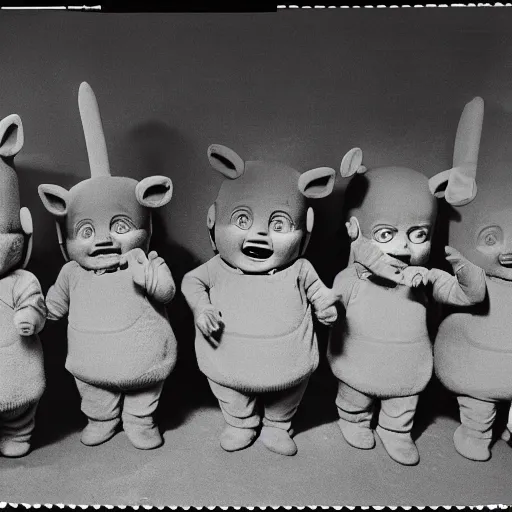 Image similar to creepy retro photograph of the teletubbies