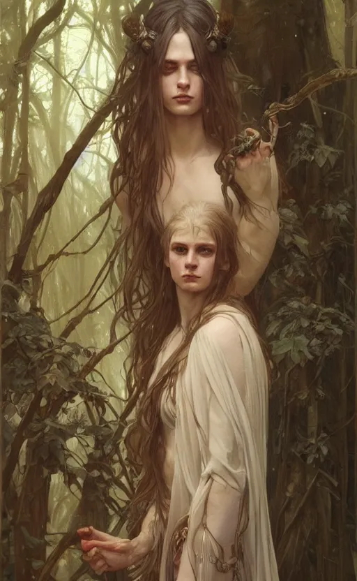 Prompt: God of the forest, pale hair, long hair, gorgeous, amazing, muscular, intricate, highly detailed, digital painting, artstation, concept art, sharp focus, illustration, art by greg rutkowski and alphonse mucha