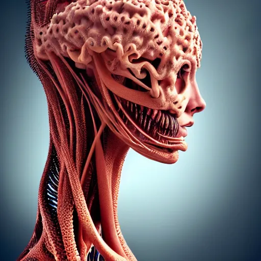Prompt: high quality photo of a young beautiful female queen-coral-dragon-cyborg bust with a very long neck and Mandelbrot fractal face, Mandelbrot fractal skin, flesh, anatomical, facial muscles, veins, arteries, elegant, highly detailed, flesh highly baroque ornate, hair are wired cables, elegant, high fashion, rim light, octane render, in the style of Lindsay Adler, Realistic, Refined, Digital Art, Highly Detailed, Cinematic Lighting, rim light, black and white, photo-realistic, 8K