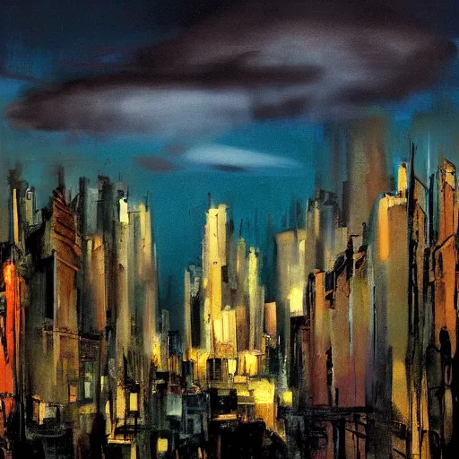 Image similar to turbulent by arturo souto, by peter coulson pixar. print. a beautiful, but eerie, illustration of a cityscape at night. the buildings are all tall & thin, & they are lit up by a strange light. the sky is deep & dark & there are no stars to be seen.