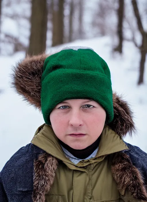 Image similar to portrait photo still of real life young stan marsh wearing a green trapper hat, 8 k, 8 5 mm, f. 1 4