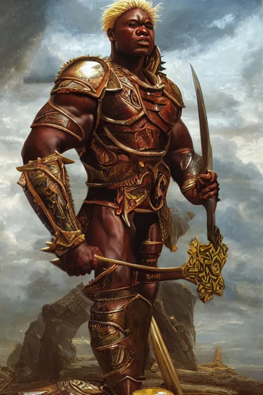 Prompt: a powerful and muscular make african warrior , half body portrait, blond hair, ornate armour, realistic oil painting by Thomas Cole and Wayne Barlowe and Boris Valejo