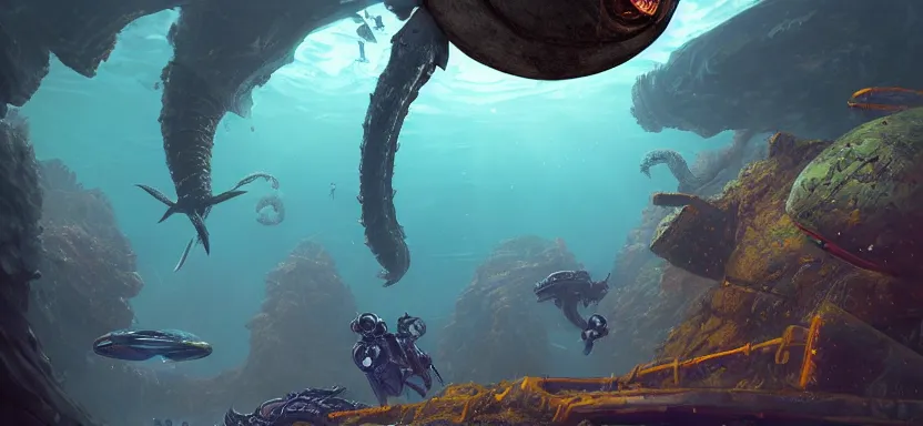 Image similar to tactical diver carrying a large prehistoric egg being chased by an alien leviathan surrounded by strange sunken ruins, in the style of subnautica and bioshock, a digital illustration by by jordan grimmer, trending on artstation, ray tracing on, unreal engine