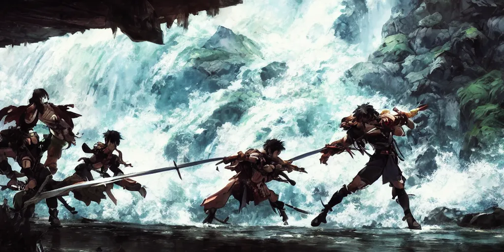 Image similar to a beautiful painting of swordsmen clashing their weapons on a bridge over a waterfall, dramatic lighting, 4k , 8k, artstation, Yoji Shinkawa, Capcom, SNK, Studio Trigger, Studio Ghibli