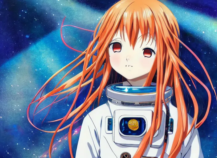 Prompt: anime full body portrait astronaut girl flowing hair no helmet, enchanted, magic, digital, concept art, , Ilya Kuvshinov,Kyoto animation,last exile, blue submarine no. 6, katsura masakazu,tsutomu nihei, gustav klimt,loish, murata range, kawaii, studio lighting, manga, bright colors, anime,beautiful, 35mm lens,noir, vibrant high contrast, gradation, jean giraud, moebius, fantasy, rule of thirds, unreal engine, fibonacci, intricate, cel shaded, blender npr, flat, matte print, smooth, Tsuruta Kenji