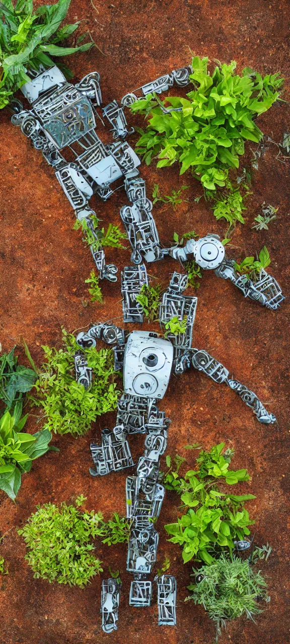 Image similar to award winning photo of robot body rusty and filled with plants, stunning, 4 k, detailed, top - down, realistic