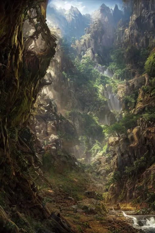 Image similar to portrait, the lost valley, landscape, alex ross, david finch, concept art, matte painting, highly detailed, rule of thirds, dynamic lighting, cinematic, detailed, denoised, centerd