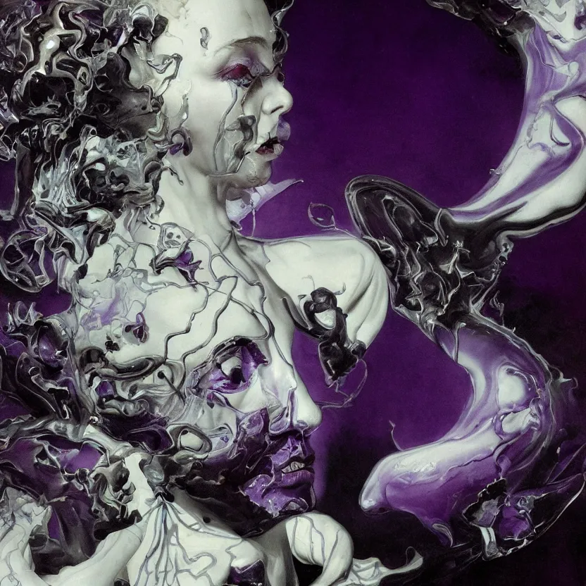 Image similar to a dark baroque close - up portrait of a purple and white porcelain being made out of white liquid sci - fi vitrified translucent ceramic marble ; china. reflective detailed textures. gloomy black background. highly detailed fantasy science fiction painting by moebius, norman rockwell, frank frazetta, and syd mead. rich colors, high contrast. artstation