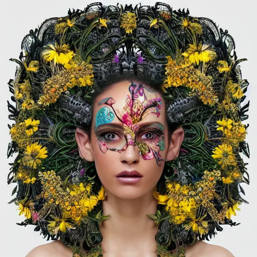 Image similar to a beautiful intricate fine art portrait photo of an indian cyborg with bionic implants on the face, epic curly hair spread out around her lined with beautiful yellow hibiscus, lying on a bed of daisies, by natalie shau and james christensen, masterpiece!, top view, studio lighting, golden ratio composition, 5 0 mm lens, deep depth of field, artstation, 8 k
