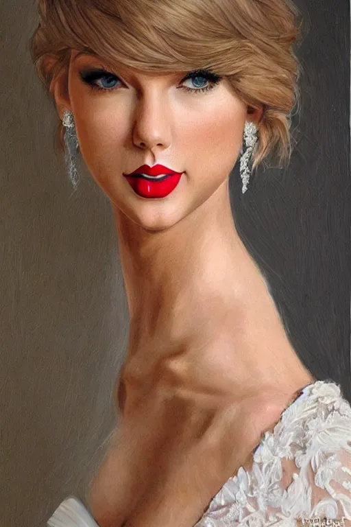Image similar to waist - up - portrait!!!!!!!!!!!! of taylor swift in a beautiful wedding dress, focus on face and facial details. ( ( ( ( ( ( head - shot ) ) ) ) ) )