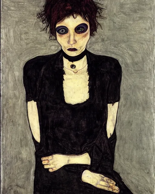 Image similar to A goth portrait painted by Egon Schiele. Her hair is dark brown and cut into a short, messy pixie cut. She has a slightly rounded face, with a pointed chin, large entirely-black eyes, and a small nose. She is wearing a black tank top, a black leather jacket, a black knee-length skirt, a black choker, and black leather boots.