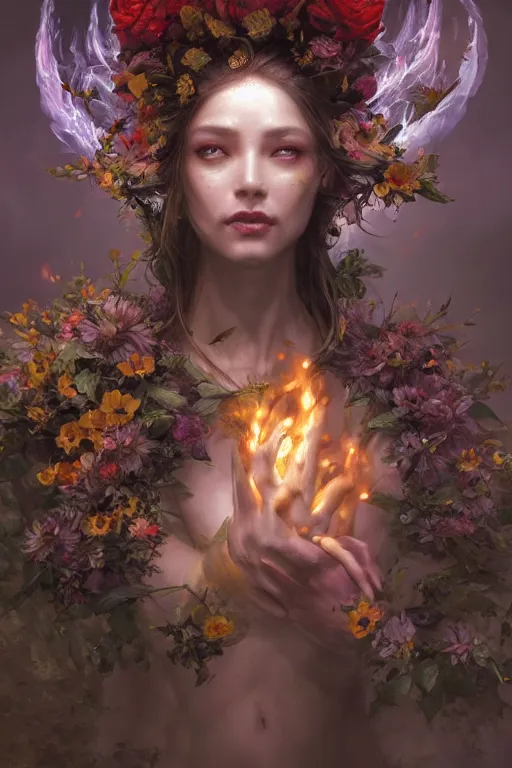 Prompt: face closeup of beautiful girl necromancer, witch - doctor exploding into flowers, angels, 3 d render, hyper - realistic detailed portrait, holding fire and electricity, forest, wings, leaves and magic, ruan jia, wlop. scifi, fantasy, magic the gathering, hyper detailed, octane render, concept art, peter mohrbacher