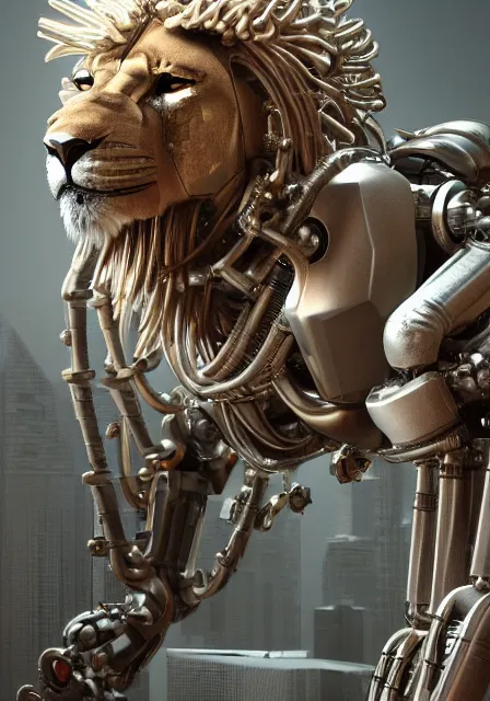 Prompt: complex 3 d render hyper detail portrait of a mechanical lion human cyborg, tooth wu, sci fi, full body, intricate, art by kazuhiko nakamura and hajime sorayama and greg rutkowski, 8 k octane detailed render, post - processing, intricate futuristic mechanic parts, maya, sharp focus, blender, cinematic lighting + masterpiece, trending on artstation