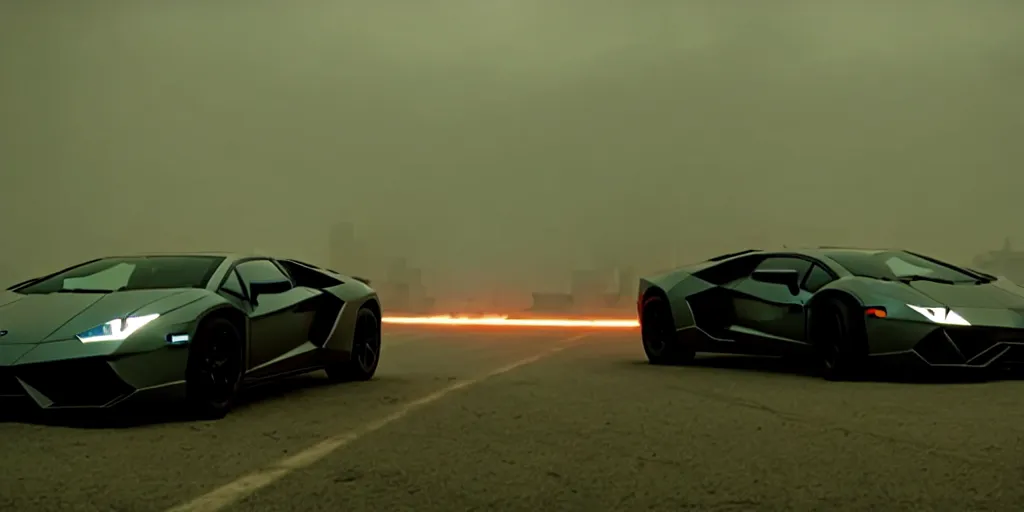 Image similar to A cinematic film still of a Lamborghini in the movie Blade Runner: 2049.