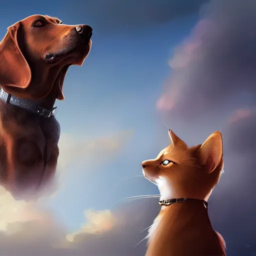 Image similar to A dog and cat stare intently towards the sky, digital art, artstation, Mandy Jurgens, CGSociety, WLOP