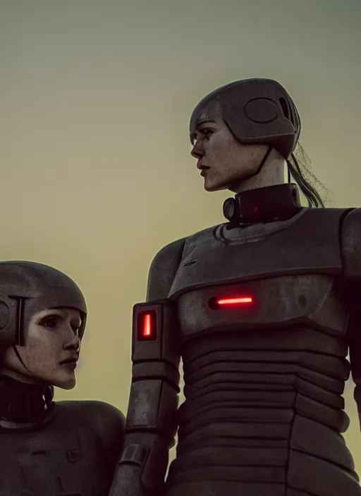 Image similar to cinestill 5 0 d photographic portrait of two loving female androids wearing rugged black techwear on a desolate plain with a brutalist monument and a red sky, extreme closeup, cyberpunk style, dust storm, 8 k, hd, high resolution, 3 5 mm, f / 3 2, ultra realistic faces, ex machina