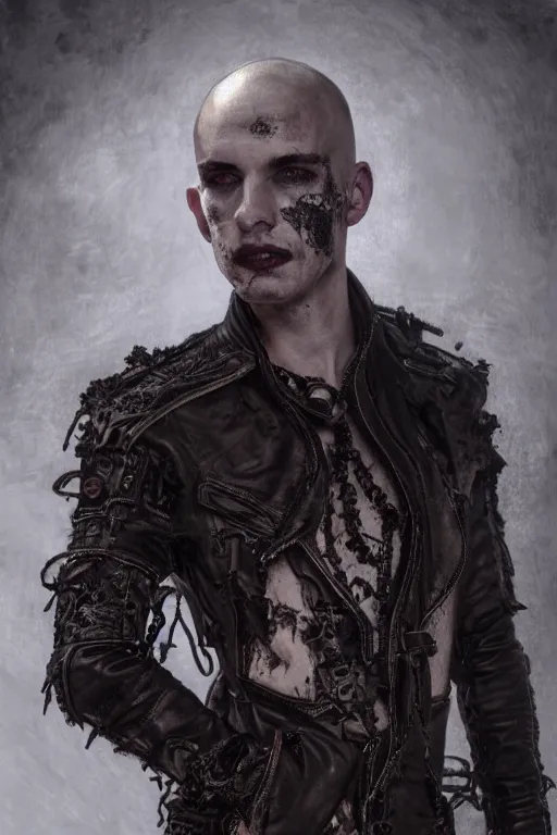 Image similar to an ugly young man, shaved head, gothic, tattered leather coat, intricate, elegant, dramatic lighting, highly detailed, lifelike, photorealistic, digital painting, artstation, illustration, concept art, smooth, sharp focus, art by John Collier and Albert Aublet and Krenz Cushart and Artem Demura and Alphonse Mucha