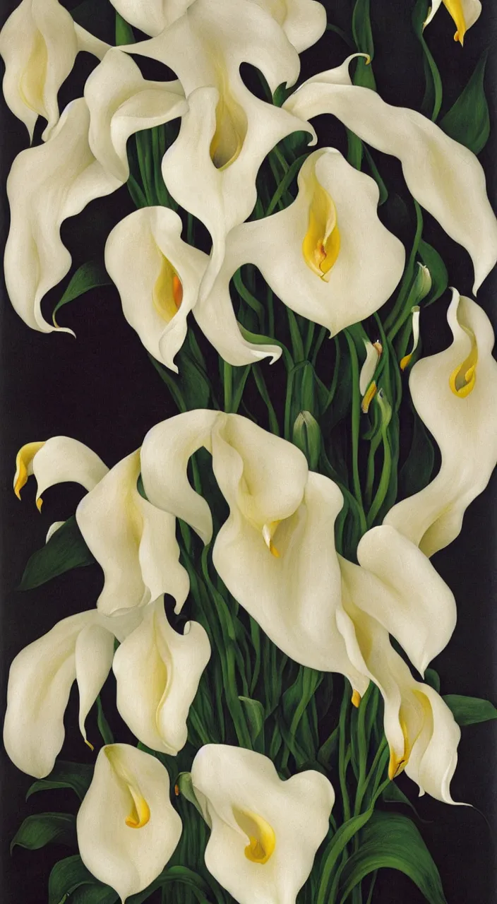 Image similar to portrait of a cream colored havanese dog with a bouquet of calla lillies, mexico, painting by diego rivera realism 1 9 3 5