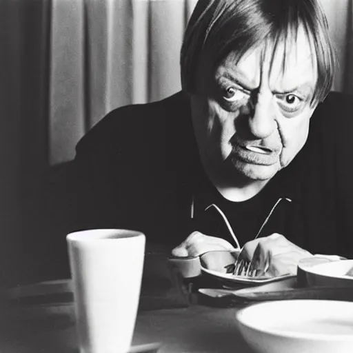 Image similar to mark e smith sitting at a table eating a big stack of pancakes, fork and knife in hand, drooling and licking his lips, photograph