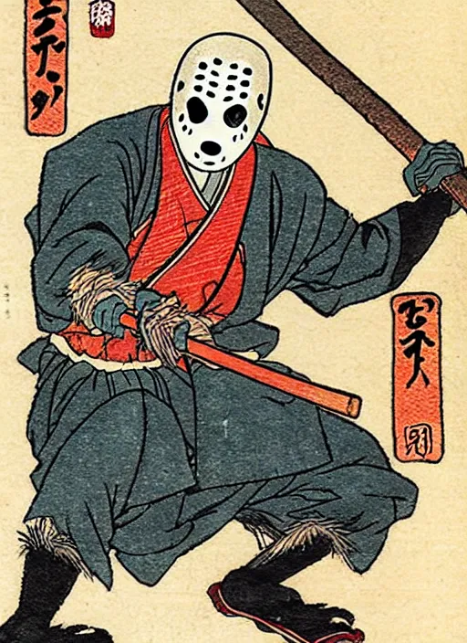 Image similar to jason voorhees as a yokai illustrated by kawanabe kyosai and toriyama sekien