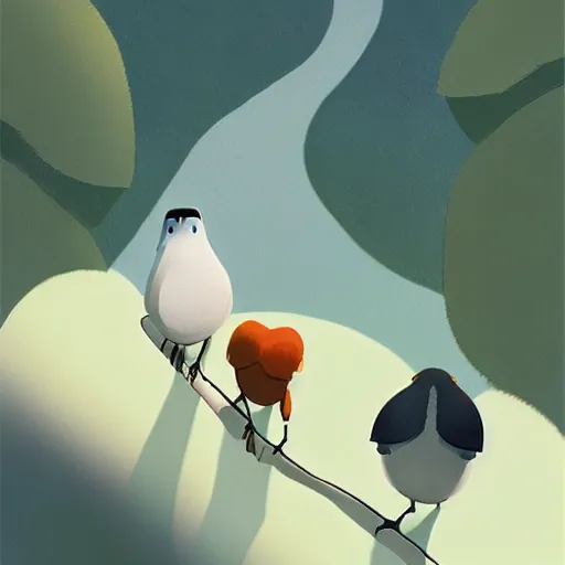 Prompt: path to travel between the mother bird finding food and her 3 young waiting in the treetop, ilustration art by Goro Fujita