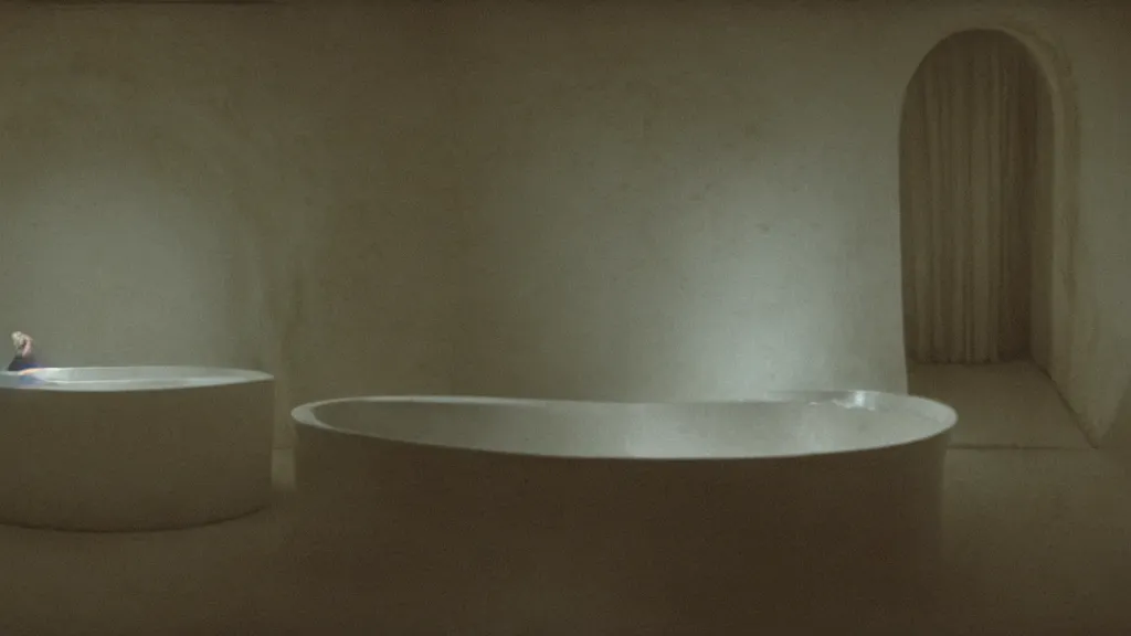 Prompt: the strange creature in a bathtub, floating water, film still from the movie directed by Denis Villeneuve with art direction by Zdzisław Beksiński, wide lens