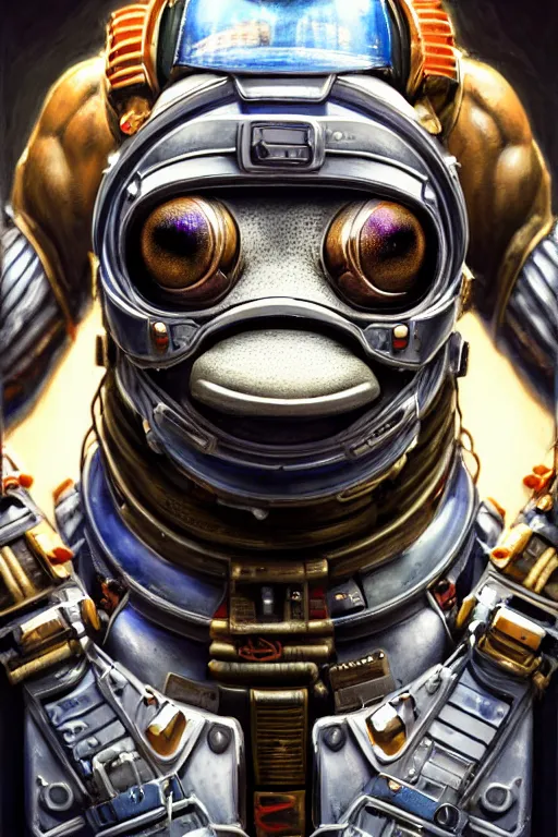 Image similar to a portrait of a muscular anthropomorphic cyberpunk frog in spacesuit armor with ensignia on chest plate by sandra chevrier, by jon foster, detailed render, post - processing, extremely hyperdetailed, intricate, epic composition, cybernetics, 4 k realistic, cryengine, realistic shaded lighting, sharp focus, masterpiece, by enki bilal