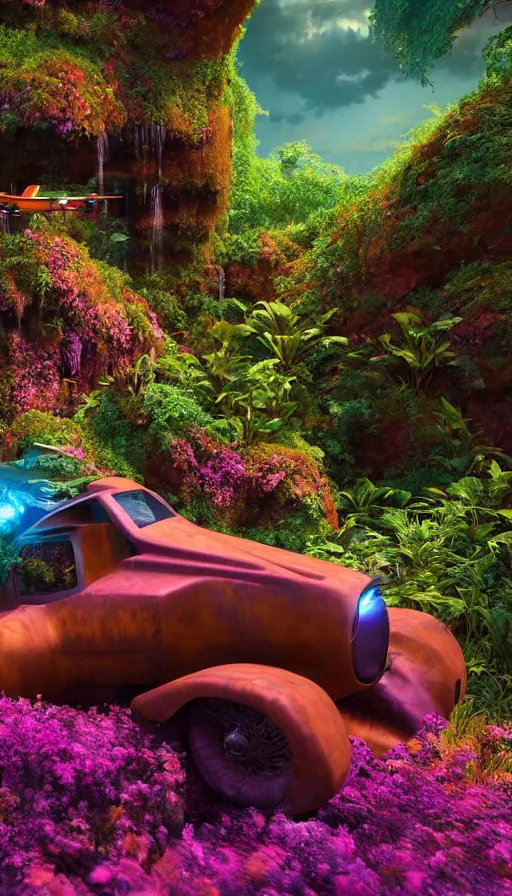 Image similar to a sci fi rusty flying car floating in a prehistoric jungle cave, lush flora, waterfall, magenta flowers, orange sky, teal clouds, sunset, hazy, volumetric lighting, rtx on, photorealistic render, unreal engine 5