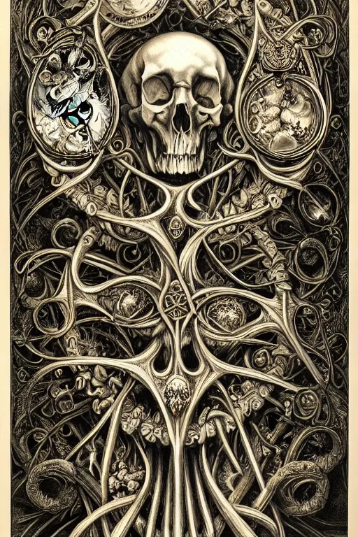 Image similar to detailed realistic memento mori lithograph by cameron gray and ernst haeckel, gothic ornament, skulls, bones, art nouveau, neogothic, ornate art nouveau botanicals, horizontal symmetry, polished