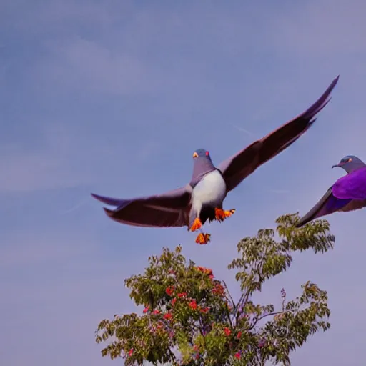 Prompt: pigeon and Phoenix flying together, purple and orange trails