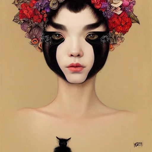 Image similar to black cat girl, botanical, portrait face, colorful, kupka, intricate, miles johnston, kuroda seiki, cynical realism, ozabu, john william godward, painterly, yoshitaka amano, moebius, miles johnston, louise zhang, james jean, mark ryden lowbrow pop surrealism art style