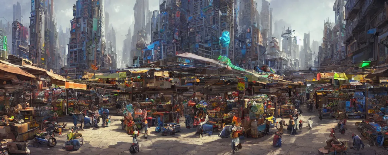 Prompt: street level view of a futuristic market and trading post at the center of a large advanced metropolis busy with activity lots of market signs aliens and people with a floating cars on the streets by craig mullins, neil blevins, dylan cole, james paick, hyper realistic, 8 k, vray render, artstation, deviantart,