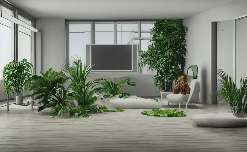 Prompt: empty room brutalist interior, big tv screen in the middle, tropical indoor plants, open shiny floor, v - ray render, high contras