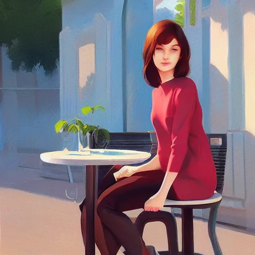 Prompt: girl sitting in french cafe outside at day, art, painting, artstation, by ilya kuvshinov, by artgerm