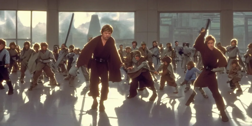 Image similar to A full color still of Mark Hamill as Jedi Master Luke Skywalker training a diverse room of young Jedi padawans, with large windows showing a sci-fi city outside, at dusk at golden hour, from The Phantom Menace, directed by Steven Spielberg, 1997