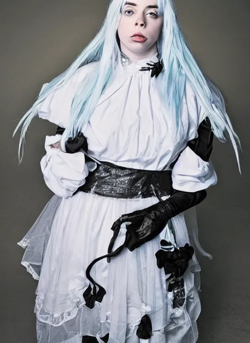 Prompt: photo of Billie Eilish dressed as a maid