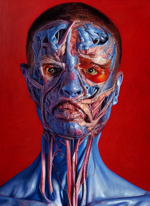 Prompt: highly detailed and textured painting of a deformed anatomical portrait, emotionally expressive, highly detailed oil painting, soft light 4 k, red, blue and purple colour palette, cinematic composition, cinematic lighting, sharp focus, masterpiece by ernie barnes and jenny saville