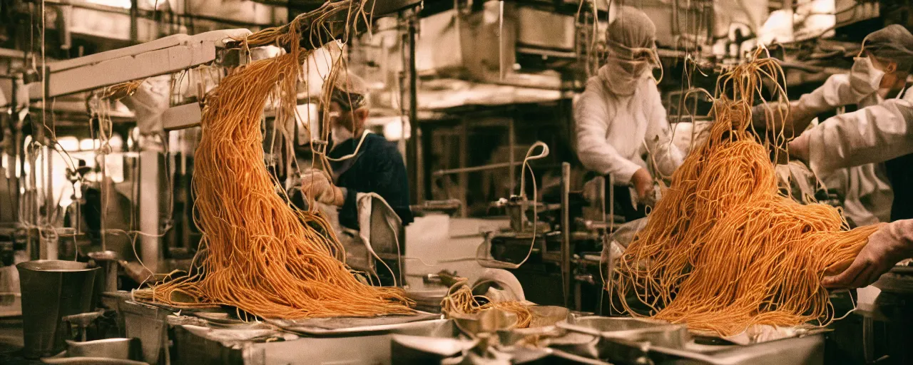 Image similar to a factory where people are processing fresh spaghetti from the tree, canon 5 0 mm, cinematic lighting, photography, retro, film, kodachrome, closeup