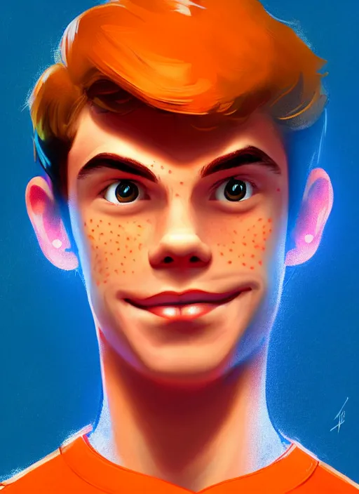 Image similar to friendly teenage archie andrews wearing an orange superhero costume with heart logo, heart, orange costume, blue cape, freckles, cape, heart emblem on chest, heart, blue cape, intricate, elegant, glowing lights, highly detailed, digital painting, artstation, sharp focus, illustration, art by wlop, mars ravelo and greg rutkowski