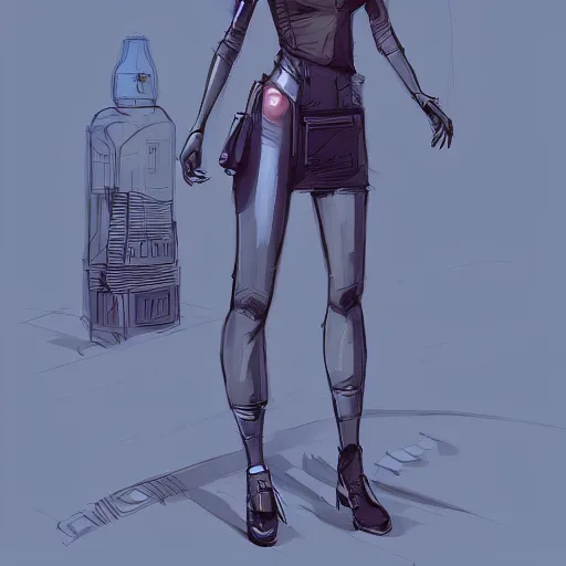 Prompt: concept art character, very high angle view, book cover, very attractive woman with full lips, slender figure, , walking in cyberpunk valley highly detailed full body, royalty, smooth, sharp focus, organic, appealing, book cover, deep shadows, bartwork by James Gilleard sketch lineart for character design